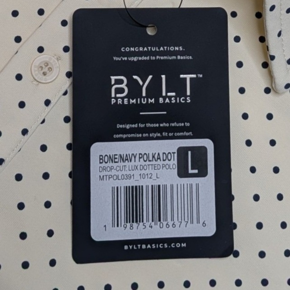 BYLT Drop-Cut LUX Dotted Polo Men's L Bone Navy Polka Dot Shirt NWT - Picture 6 of 6